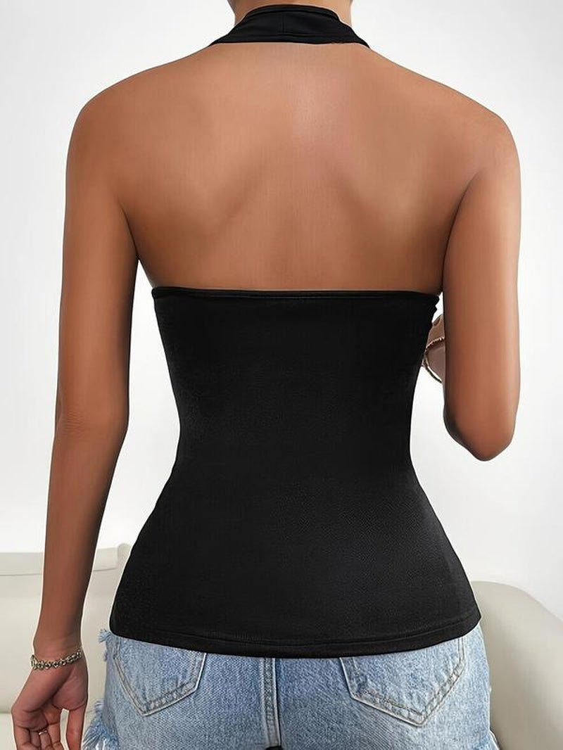 Women'S Solid Zipper Halter Neck Backless Top, Summer Clothes Women, Street Fashion Casual Sleeveless Top for Daily Outdoor Wear, Women Clothing for Summer - Bela Fils BoutiqueBela Fils Boutique